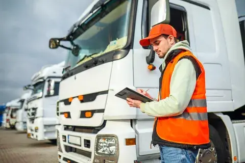 man in an orange vest looking at tablet in front of a row of semi-trucks