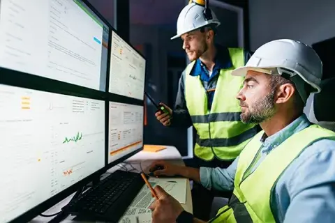 Two men in hard hats planning around 4 monitors 