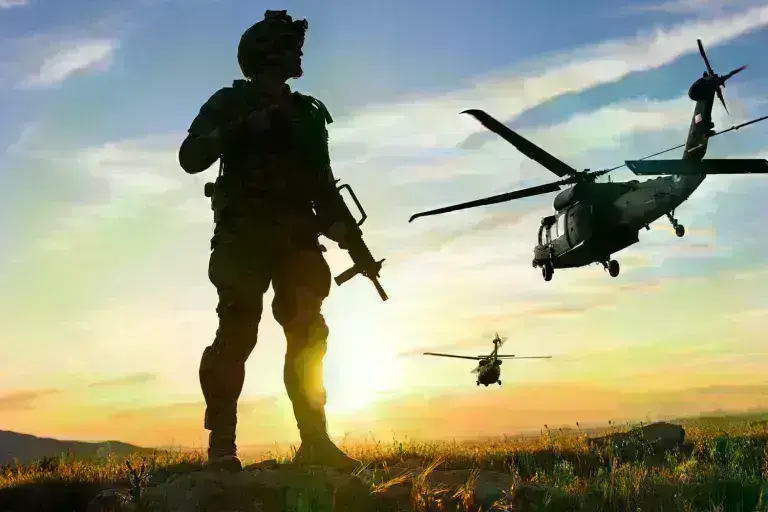 Soldier and helicopters