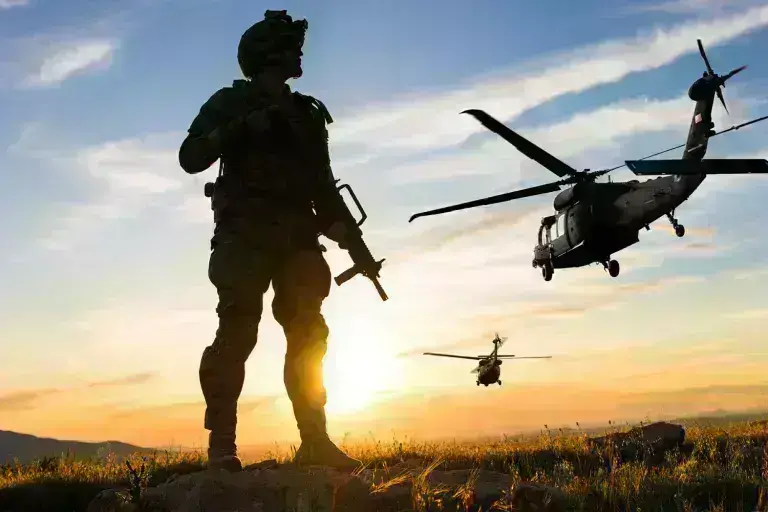 Soldier and helicopters